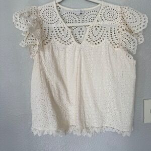 Jennifer Grace Womens L Cream ivory Cotton Eyelet Lace Flutter Sleeve Boho Top